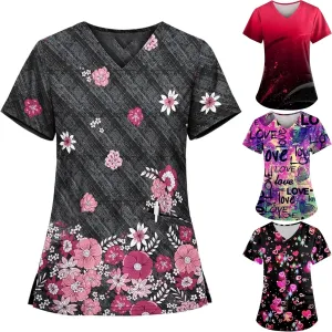 Womens Heart Printed Animals Nurse Uniforms 2025 Scrub Tops for Women, Short Sleeve Scrub V Neck Shirt with Pockets
