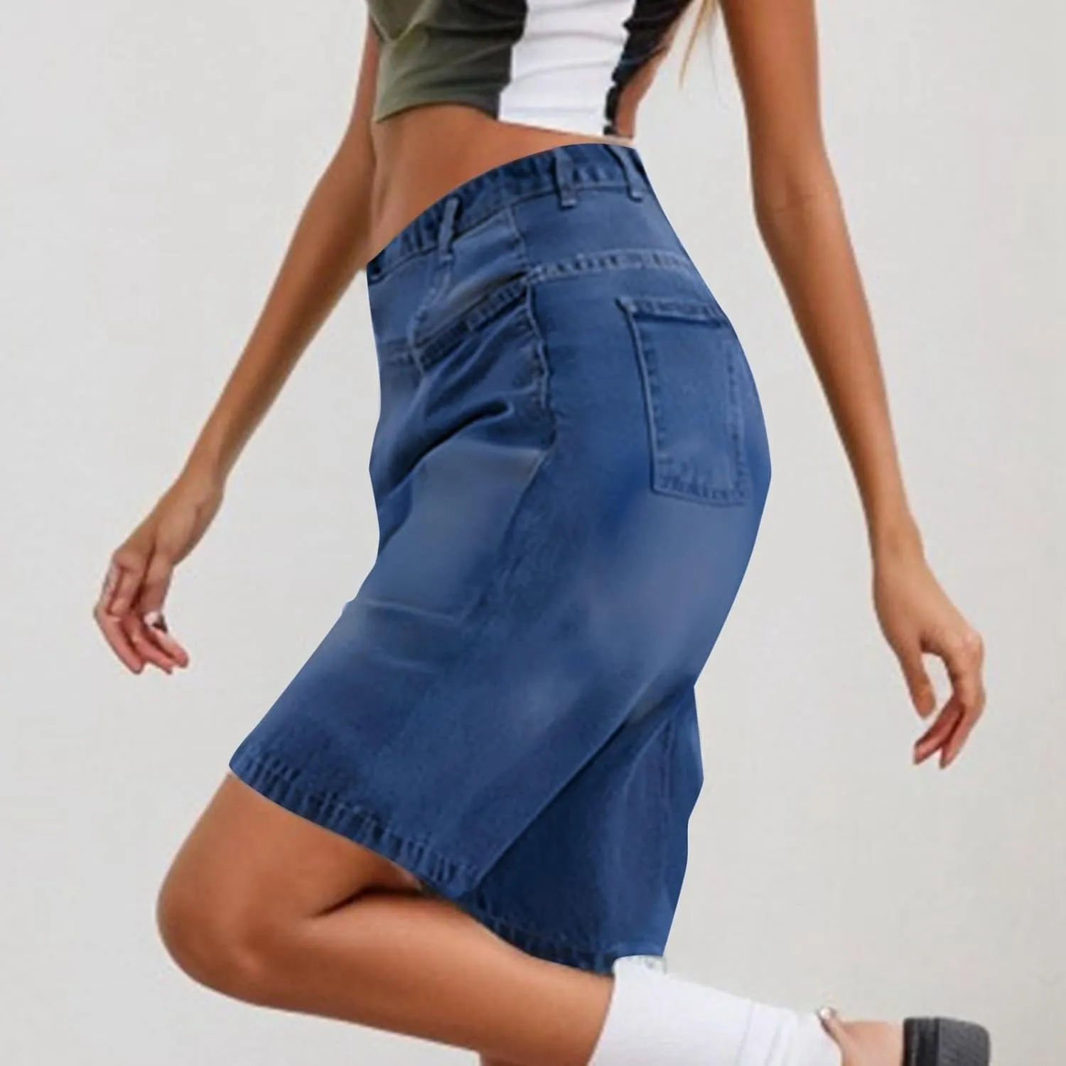 Womens High Waisted Stretch Bermuda Denim Shorts Knee Length Distressed Cutoffs, Loose Fit Casual Summer Jean Shorts