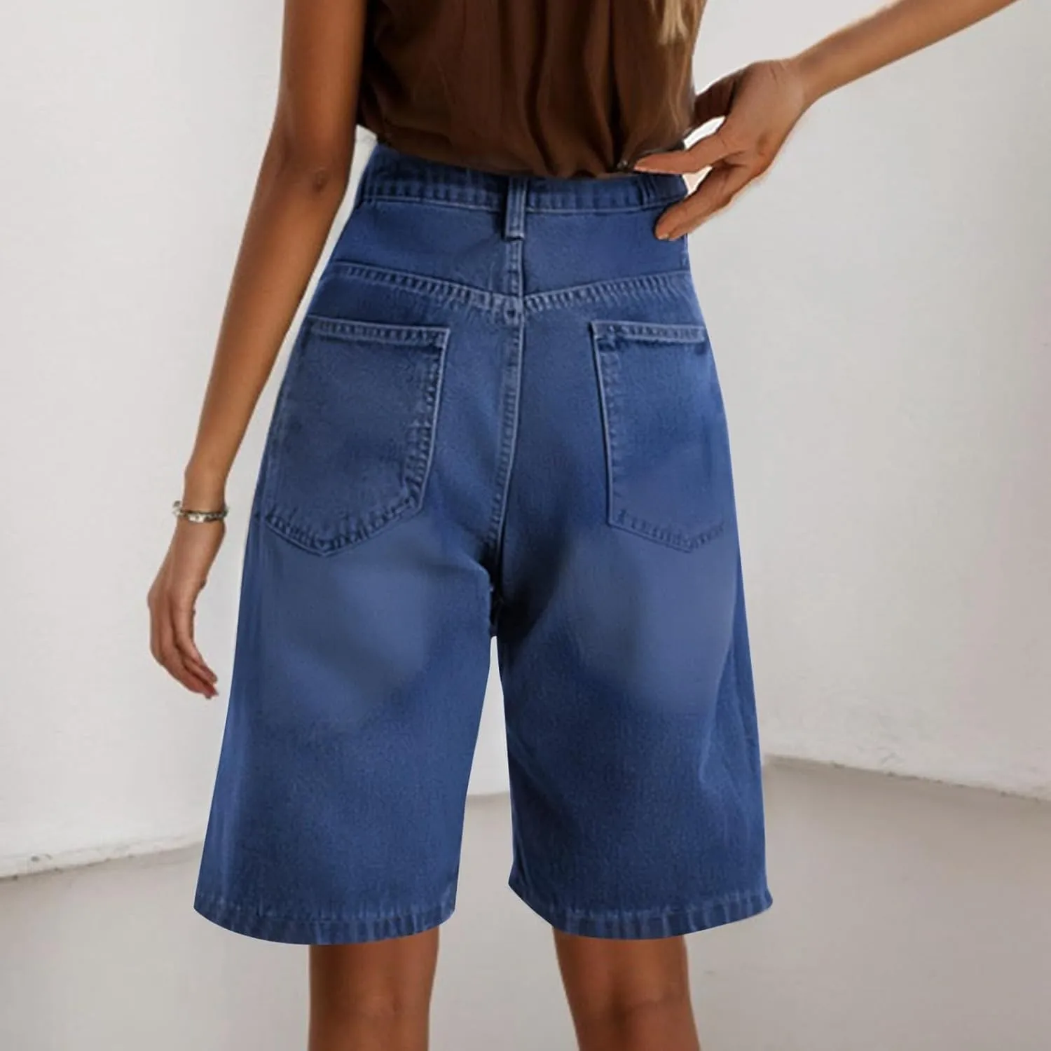 Womens High Waisted Stretch Bermuda Denim Shorts Knee Length Distressed Cutoffs, Loose Fit Casual Summer Jean Shorts