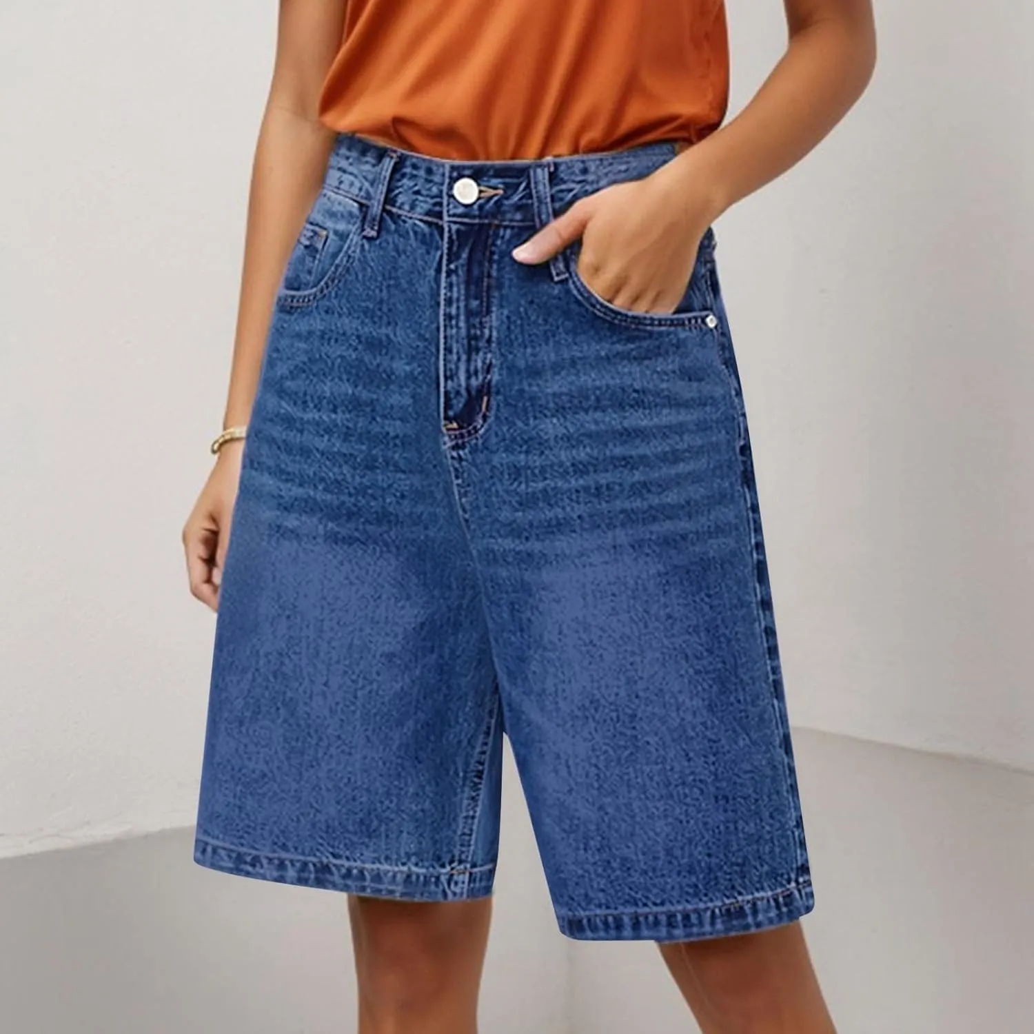 Womens High Waisted Stretch Bermuda Denim Shorts Knee Length Distressed Cutoffs, Loose Fit Casual Summer Jean Shorts