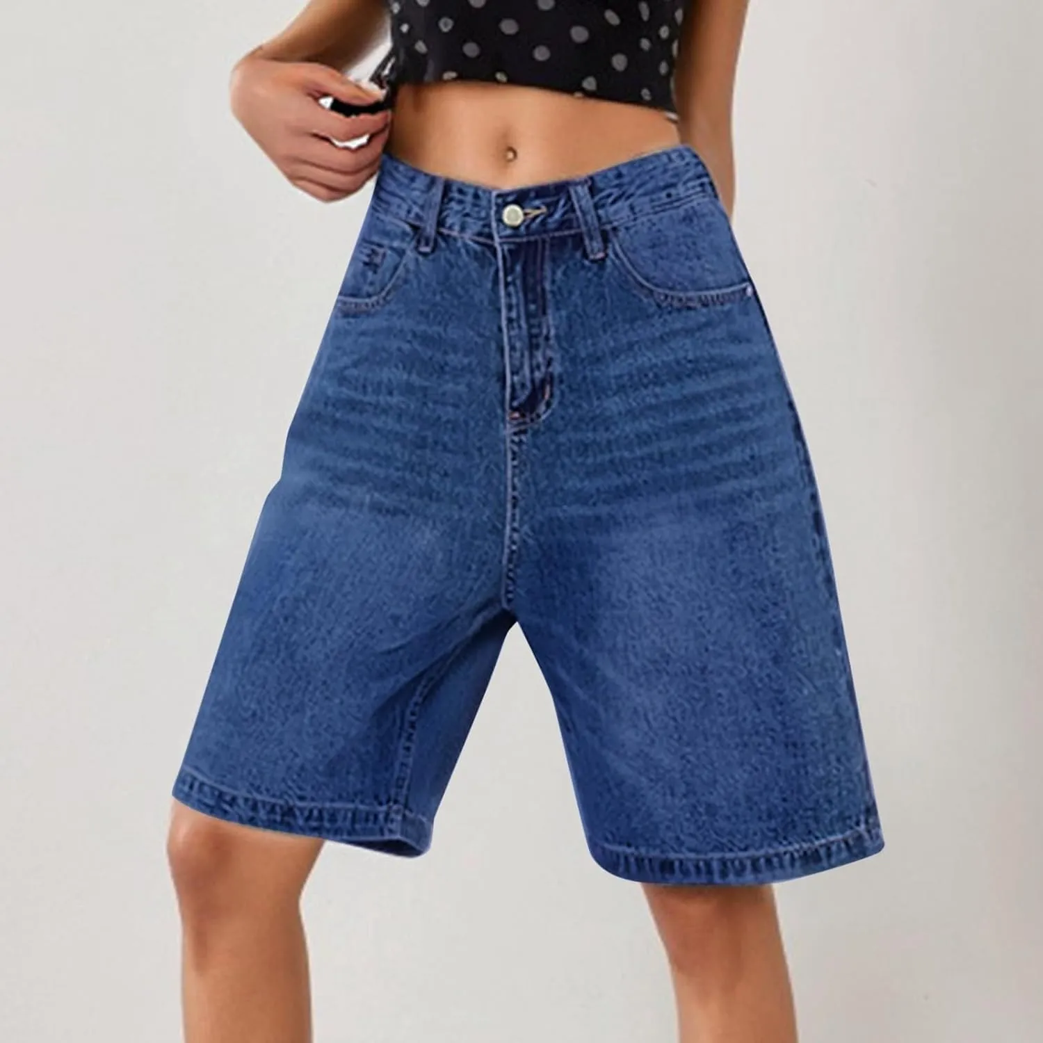 Womens High Waisted Stretch Bermuda Denim Shorts Knee Length Distressed Cutoffs, Loose Fit Casual Summer Jean Shorts