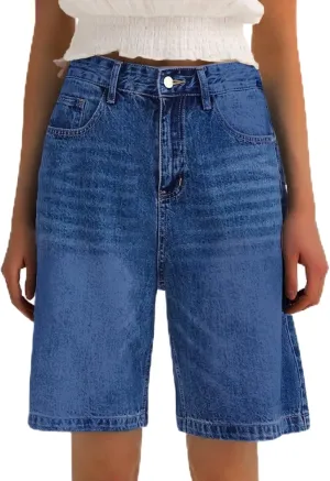 Womens High Waisted Stretch Bermuda Denim Shorts Knee Length Distressed Cutoffs, Loose Fit Casual Summer Jean Shorts