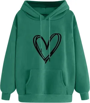 Women's Hooded Sweatshirts Long Sleeve Love Heart Graphic Print Pullover Cute Fleece Hoodies with Pocket