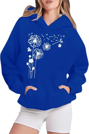 Womens Hoodies Trendy Graphic Pullover Hooded Sweatshirts Floral Print Oversized Casual Loose Workout Track Sweaters