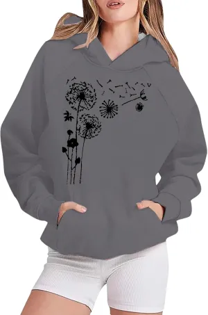Womens Hoodies Trendy Graphic Pullover Hooded Sweatshirts Floral Print Oversized Casual Loose Workout Track Sweaters