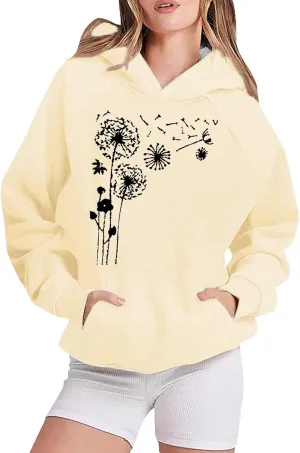Womens Hoodies Trendy Graphic Pullover Hooded Sweatshirts Floral Print Oversized Casual Loose Workout Track Sweaters