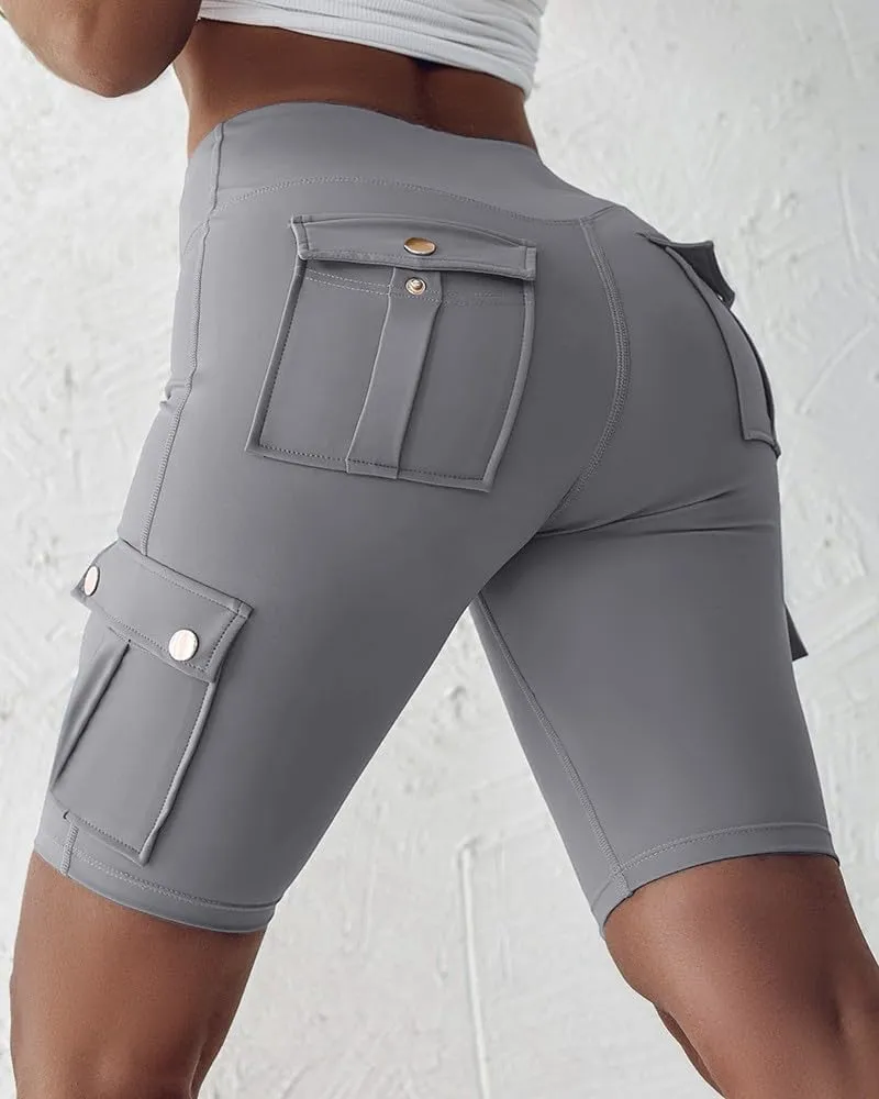 Womens Knee Length Shorts, Butt Lifting, with Flap Pockets, Cargo and Bermuda, for Running, Workout, Biker Shorts