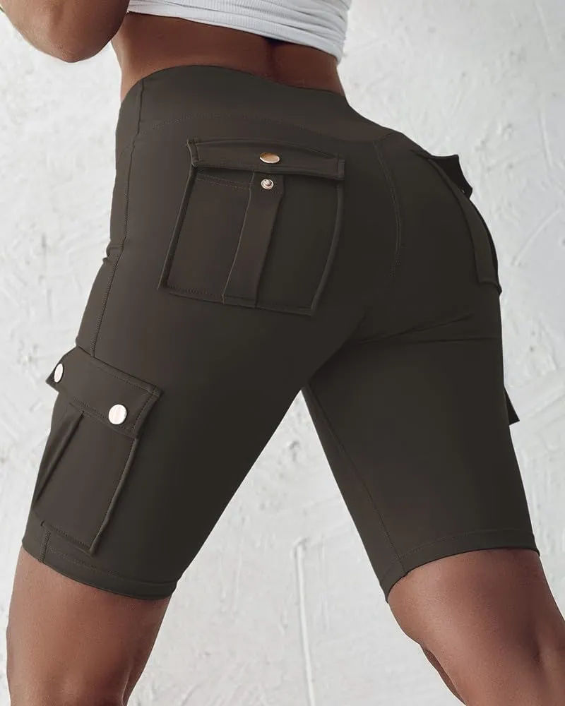 Womens Knee Length Shorts, Butt Lifting, with Flap Pockets, Cargo and Bermuda, for Running, Workout, Biker Shorts
