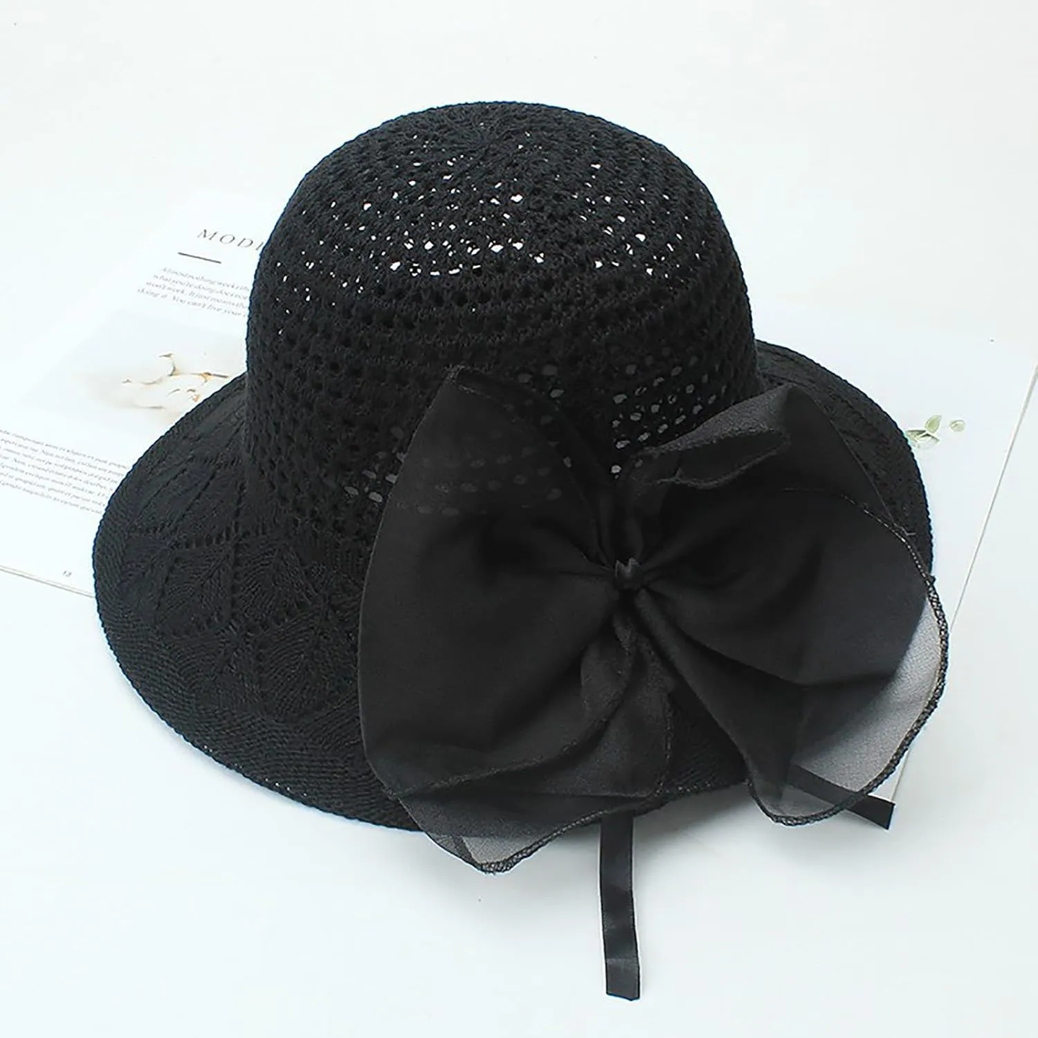 Womens Knit Wide Brim Sun Hat Cloche Bucket Hat Fishing Hat Beach Solid Color Foldable 2024 Summer Fashion Bow Caps