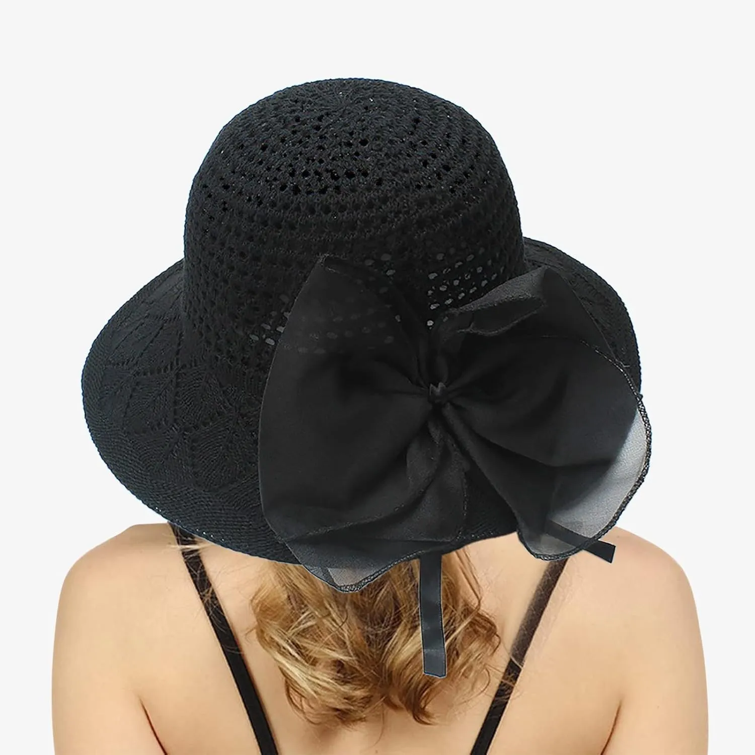 Womens Knit Wide Brim Sun Hat Cloche Bucket Hat Fishing Hat Beach Solid Color Foldable 2024 Summer Fashion Bow Caps