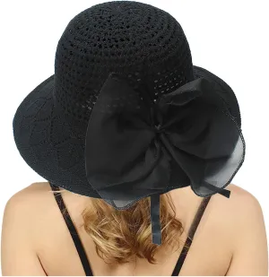 Womens Knit Wide Brim Sun Hat Cloche Bucket Hat Fishing Hat Beach Solid Color Foldable 2024 Summer Fashion Bow Caps