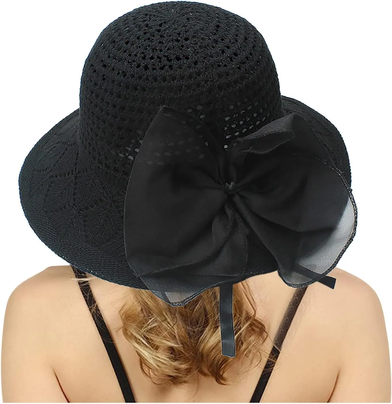 Womens Knit Wide Brim Sun Hat Cloche Bucket Hat Fishing Hat Beach Solid Color Foldable 2024 Summer Fashion Bow Caps