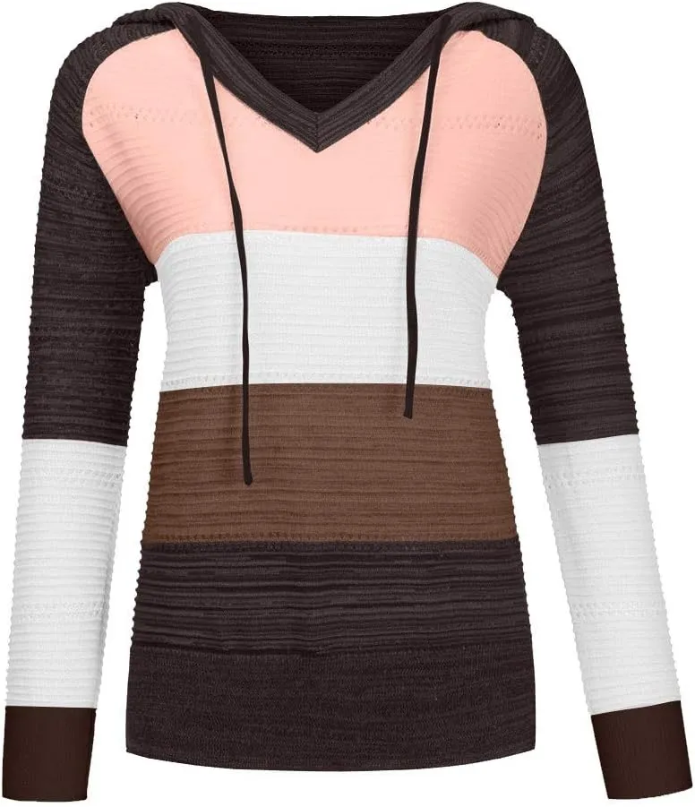 Womens Lightweight Color Block Hooded Sweaters Drawstring Hoodies Pullover Sweatshirts Long Sleeve Zip Up Hoodies