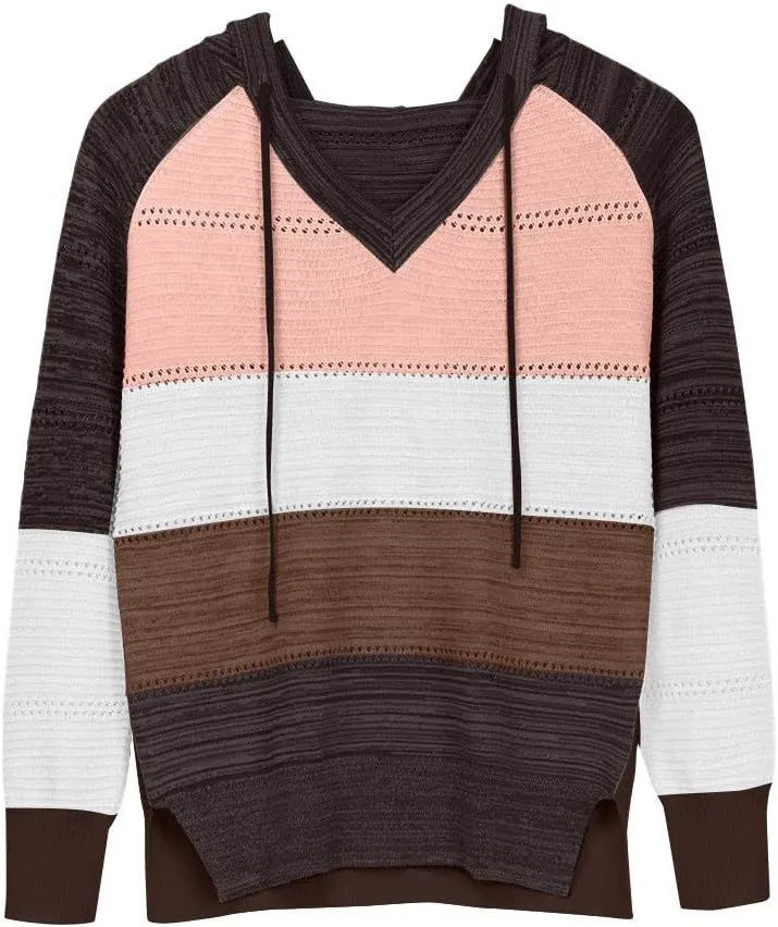 Womens Lightweight Color Block Hooded Sweaters Drawstring Hoodies Pullover Sweatshirts Long Sleeve Zip Up Hoodies