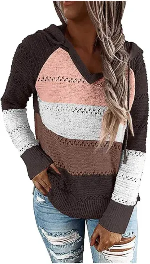 Womens Lightweight Color Block Hooded Sweaters Drawstring Hoodies Pullover Sweatshirts Long Sleeve Zip Up Hoodies