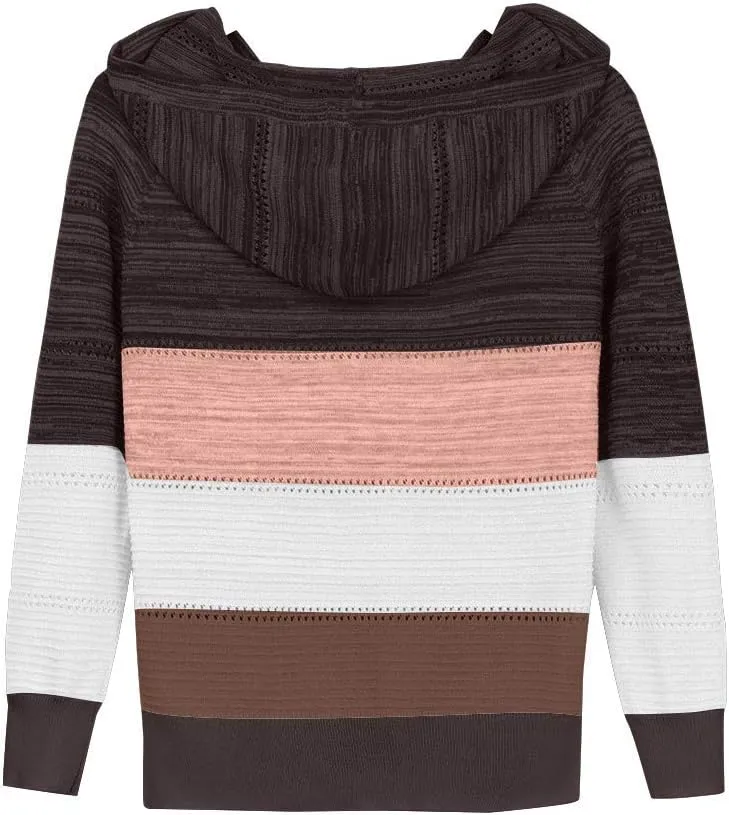 Womens Lightweight Color Block Hooded Sweaters Drawstring Hoodies Pullover Sweatshirts Long Sleeve Zip Up Hoodies