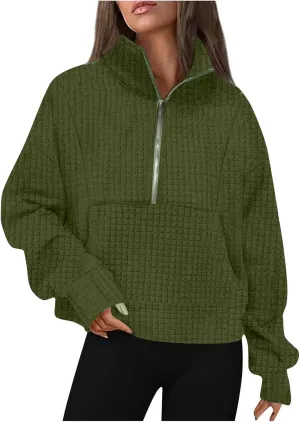 Women's Long Sleeve Casual Lapel Pullover Half Zip Sweatshirts Cropped Plaid Hoodies With Pocket Fall Trendy Outfits