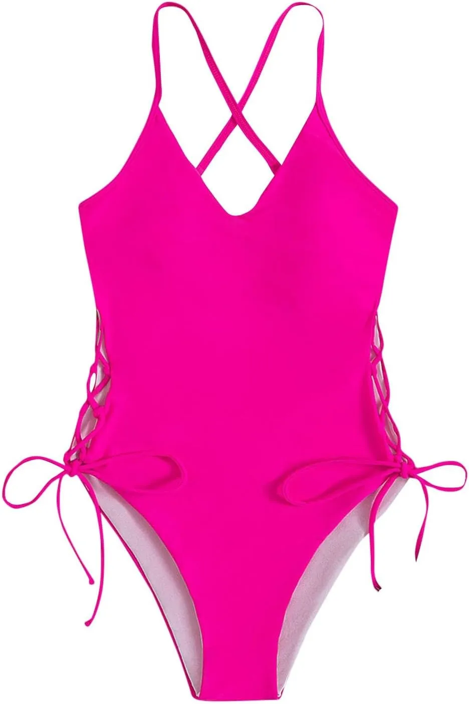 Womens One Piece Swimsuit High Waist Side Criss Cross Drawstring Bathing Suits Tummy Control Swimwear Backless Bikini