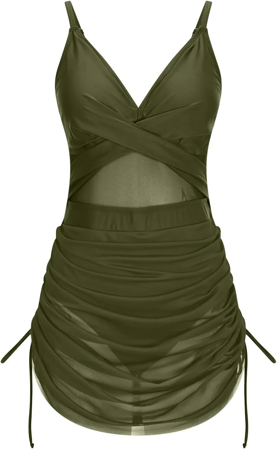Womens One Piece Swimsuit Modest Tummy Control Bathing Suit Criss Cross Front Swim Dress Mesh Patchwork Swimwear 2025