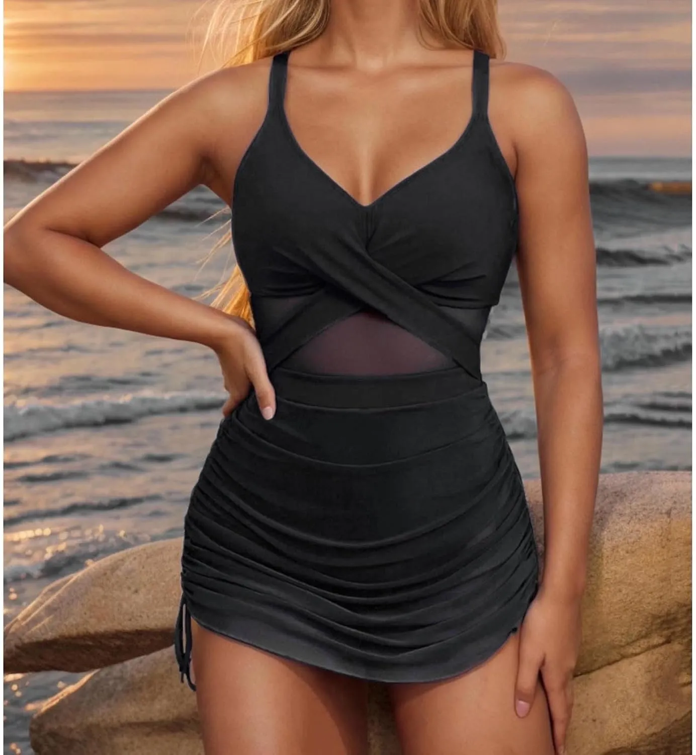 Womens One Piece Swimsuit Modest Tummy Control Bathing Suit Criss Cross Front Swim Dress Mesh Patchwork Swimwear 2025