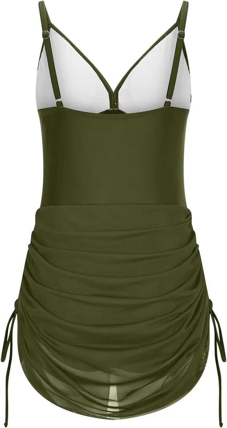 Womens One Piece Swimsuit Modest Tummy Control Bathing Suit Criss Cross Front Swim Dress Mesh Patchwork Swimwear 2025