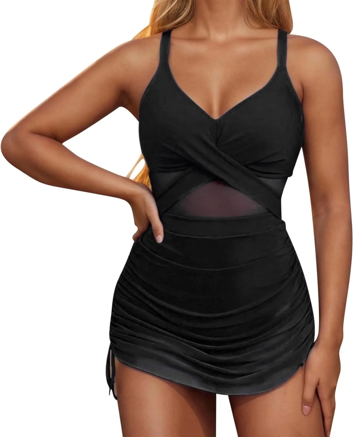 Womens One Piece Swimsuit Modest Tummy Control Bathing Suit Criss Cross Front Swim Dress Mesh Patchwork Swimwear 2025
