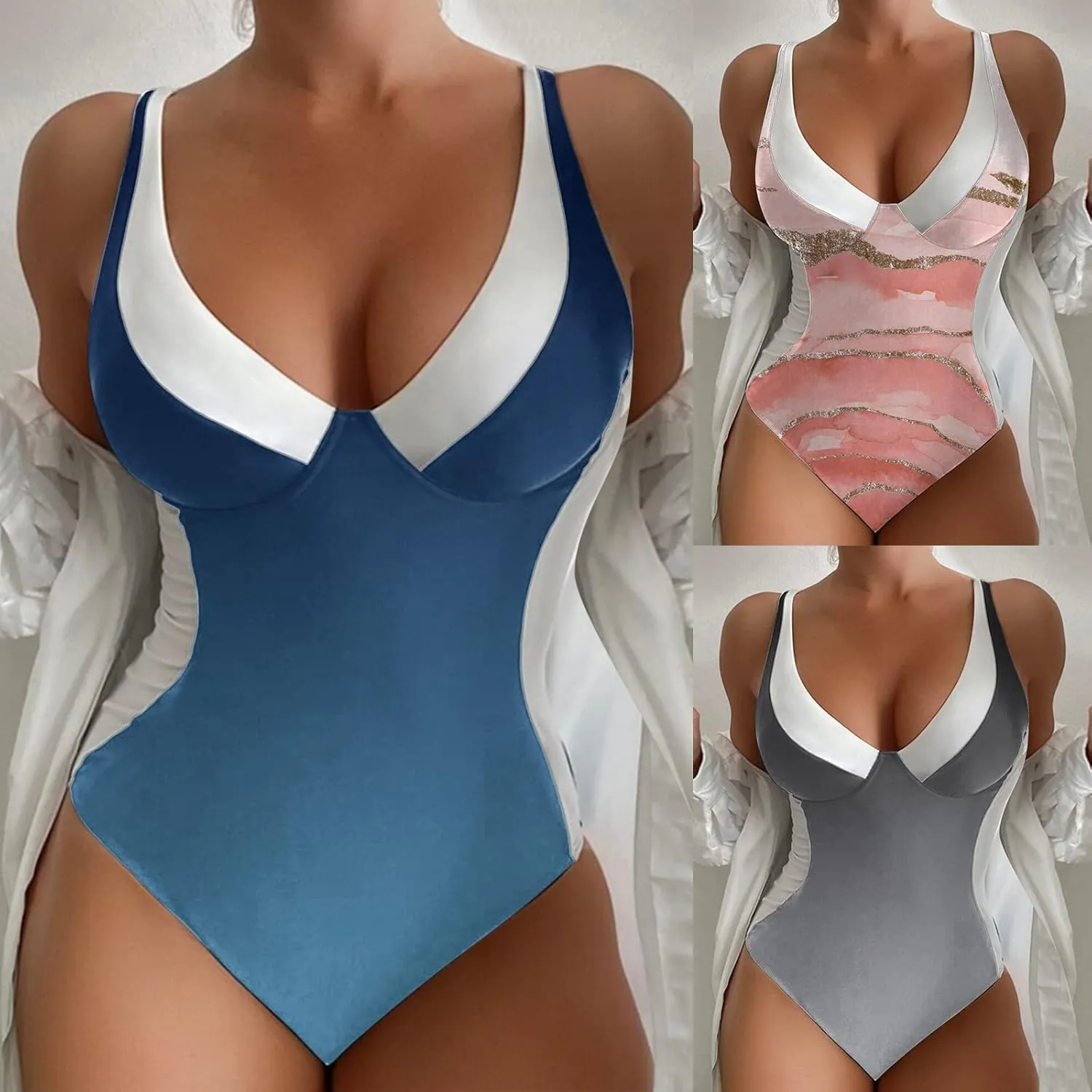 Womens Padded Swimsuits One Piece Slimming Tummy Control Bathing Suit V Neck Color Block Athletic Modest Swimwear