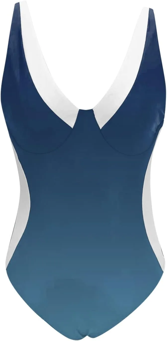 Womens Padded Swimsuits One Piece Slimming Tummy Control Bathing Suit V Neck Color Block Athletic Modest Swimwear