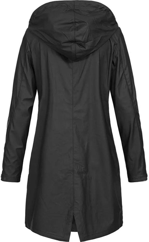 Women's Raincoat Solid Color Long Sleeve Full Zip Up Long Jacket Outdoor Lightweight Hooded Windproof Jackets Coat