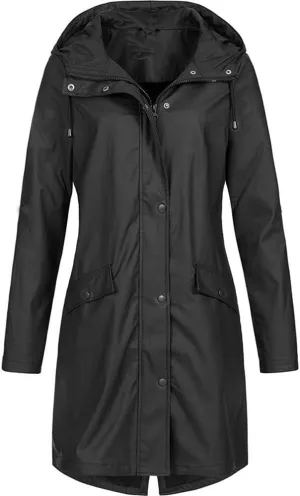 Women's Raincoat Solid Color Long Sleeve Full Zip Up Long Jacket Outdoor Lightweight Hooded Windproof Jackets Coat