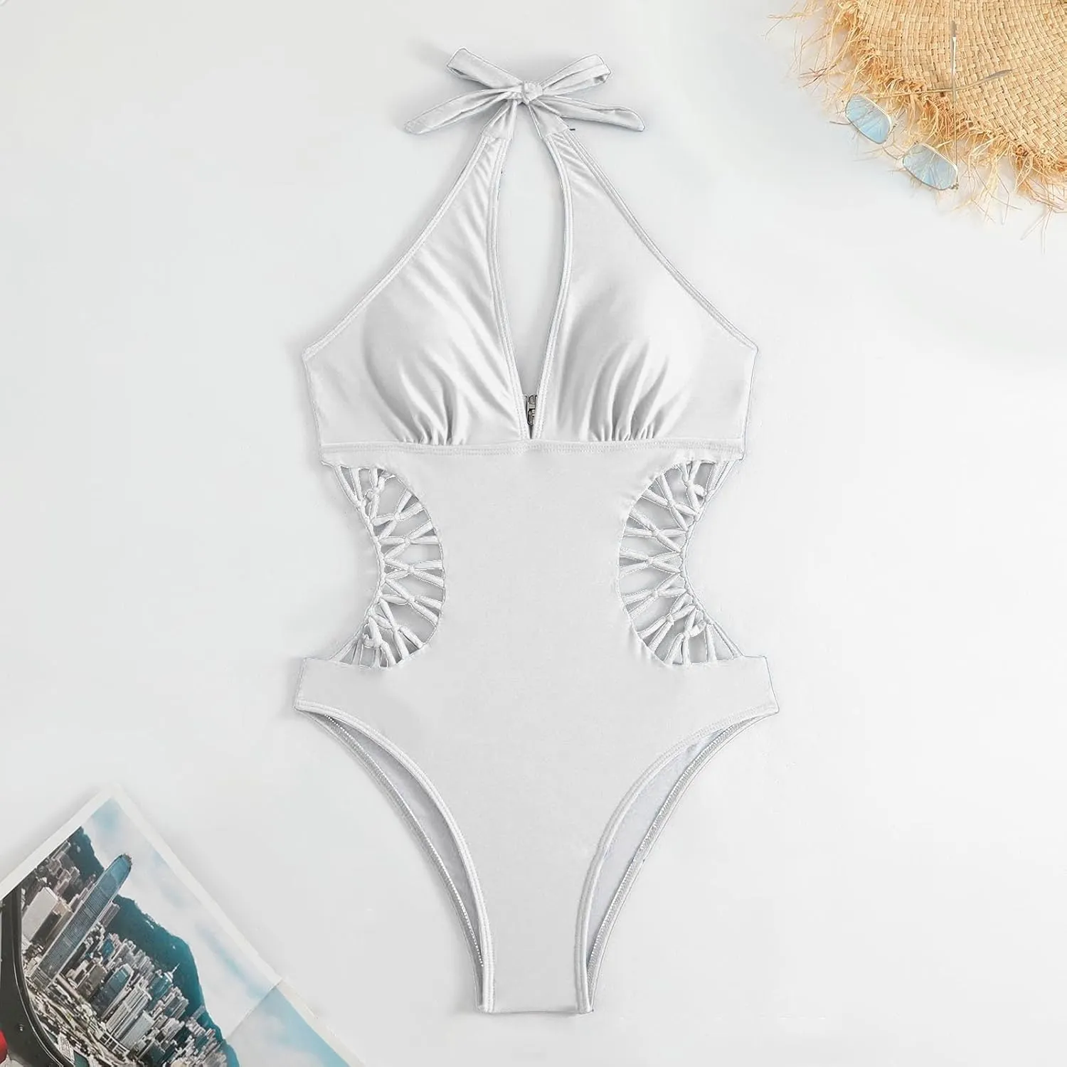 Women's Sexy Cutout One Piece Swimsuits Plunge High V Neck Halter Bathing Suits Cheeky Backless Monokini Swimwear