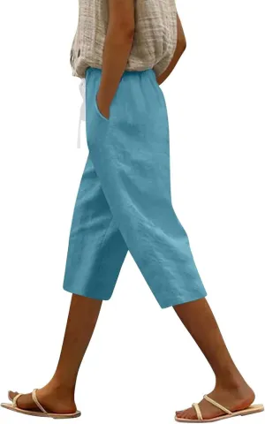 Womens Summer Bermuda Linen Shorts Knee Length Lightweight Loose Summer Casual Shorts with Pockets