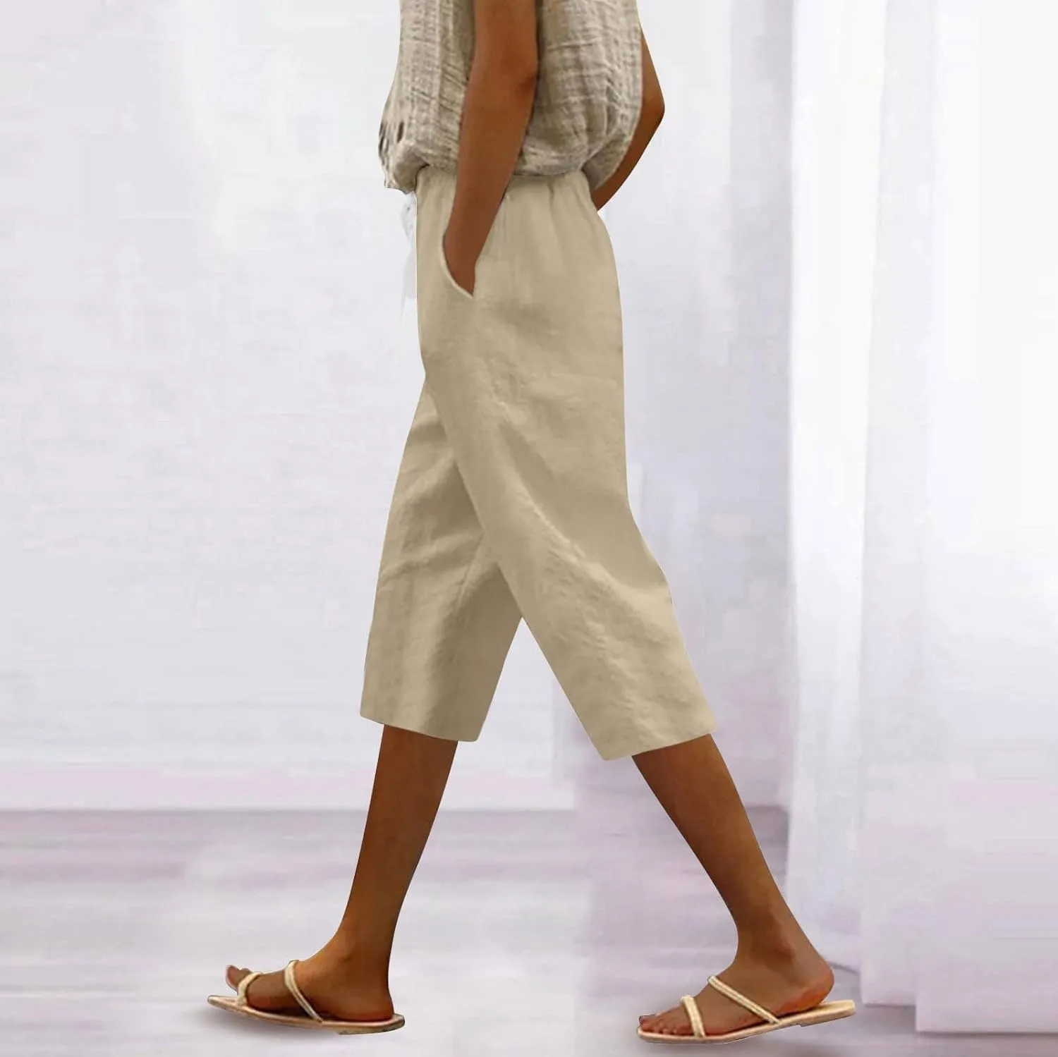 Womens Summer Bermuda Linen Shorts Knee Length Lightweight Loose Summer Casual Shorts with Pockets