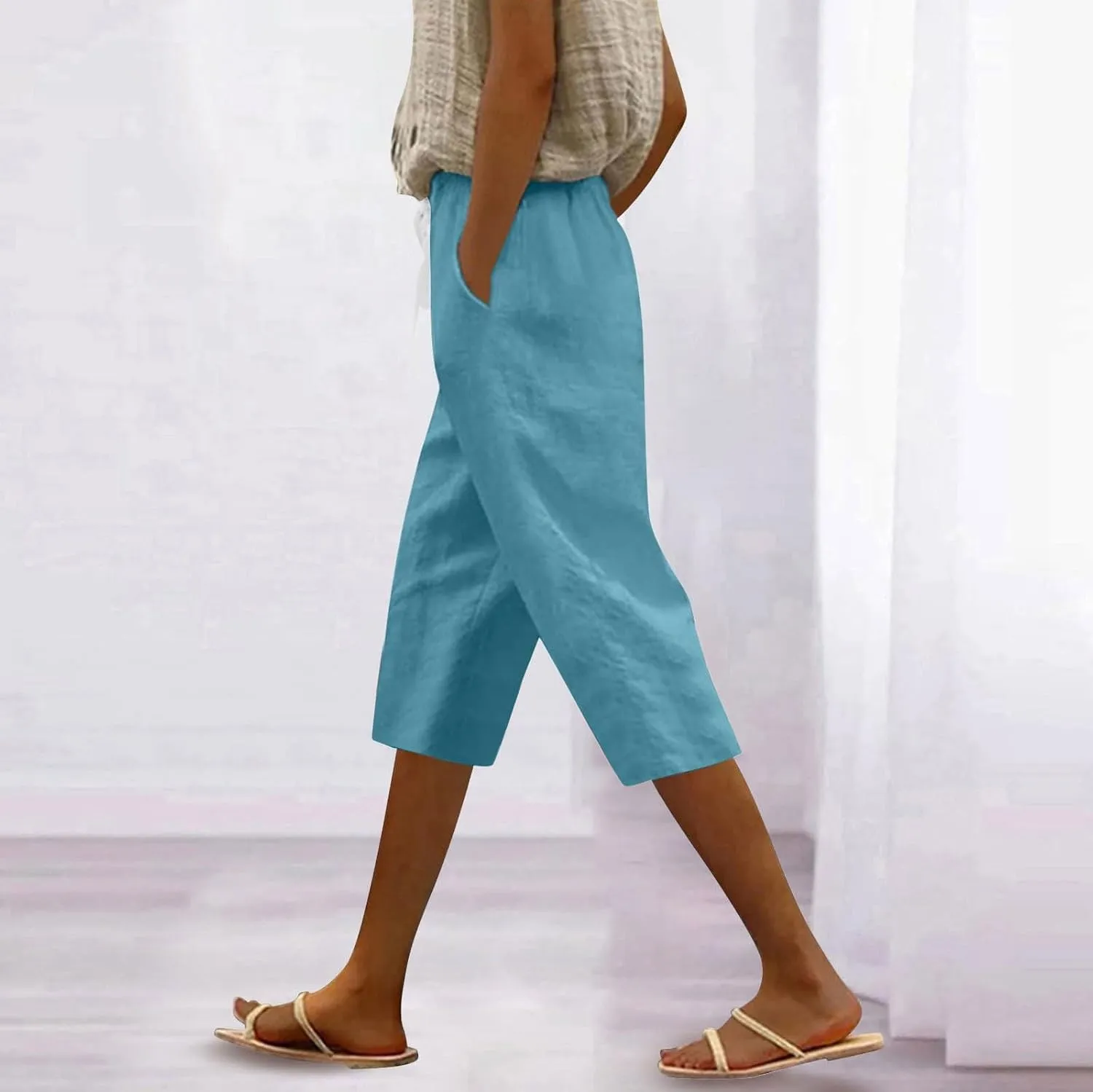 Womens Summer Bermuda Linen Shorts Knee Length Lightweight Loose Summer Casual Shorts with Pockets