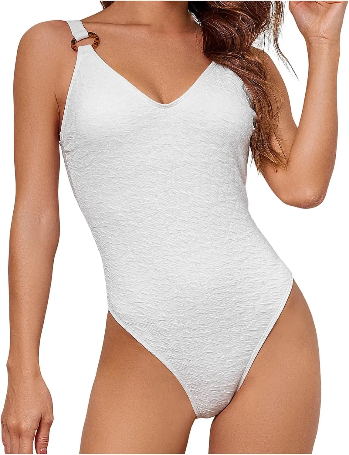 Womens Swim Suit 2025 High Cut O Ring Tummy Control Bathing Suit Modest V Neck Textured Slimming Backless Monokini Swimwear