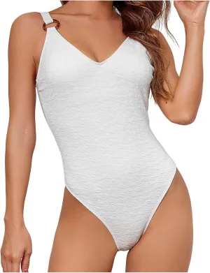 Womens Swim Suit 2025 High Cut O Ring Tummy Control Bathing Suit Modest V Neck Textured Slimming Backless Monokini Swimwear