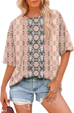 Womens Tops Dressy Casual Short Sleeve Crewneck Tees Oversized Flower Printed T Shirts Beach Vacation Outfits 2025