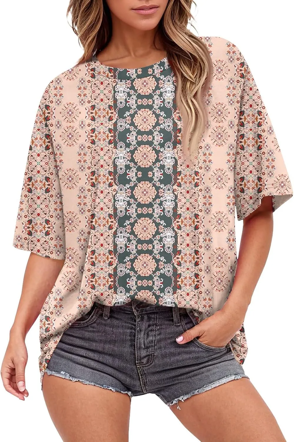 Womens Tops Dressy Casual Short Sleeve Crewneck Tees Oversized Flower Printed T Shirts Beach Vacation Outfits 2025