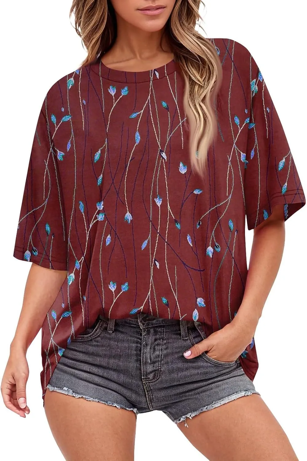 Womens Tops Dressy Casual Short Sleeve Crewneck Tees Oversized Flower Printed T Shirts Beach Vacation Outfits 2025
