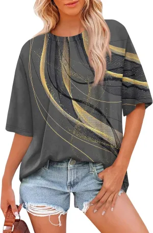 Womens Tops Dressy Casual Short Sleeve Crewneck Tees Oversized Flower Printed T Shirts Beach Vacation Outfits 2025