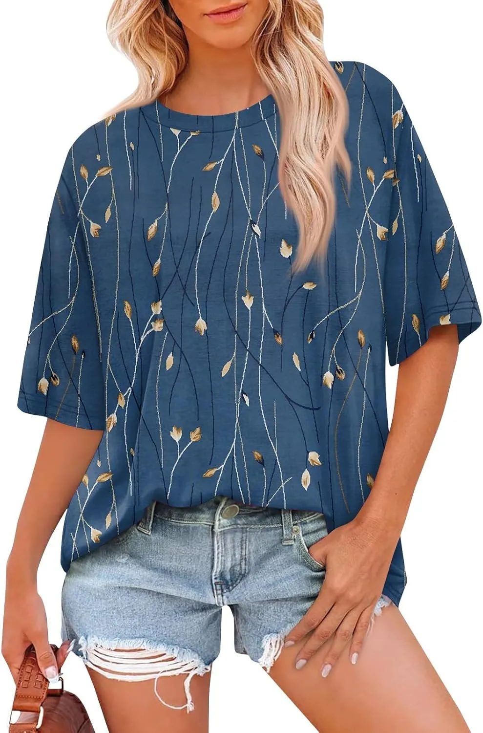 Womens Tops Dressy Casual Short Sleeve Crewneck Tees Oversized Flower Printed T Shirts Beach Vacation Outfits 2025