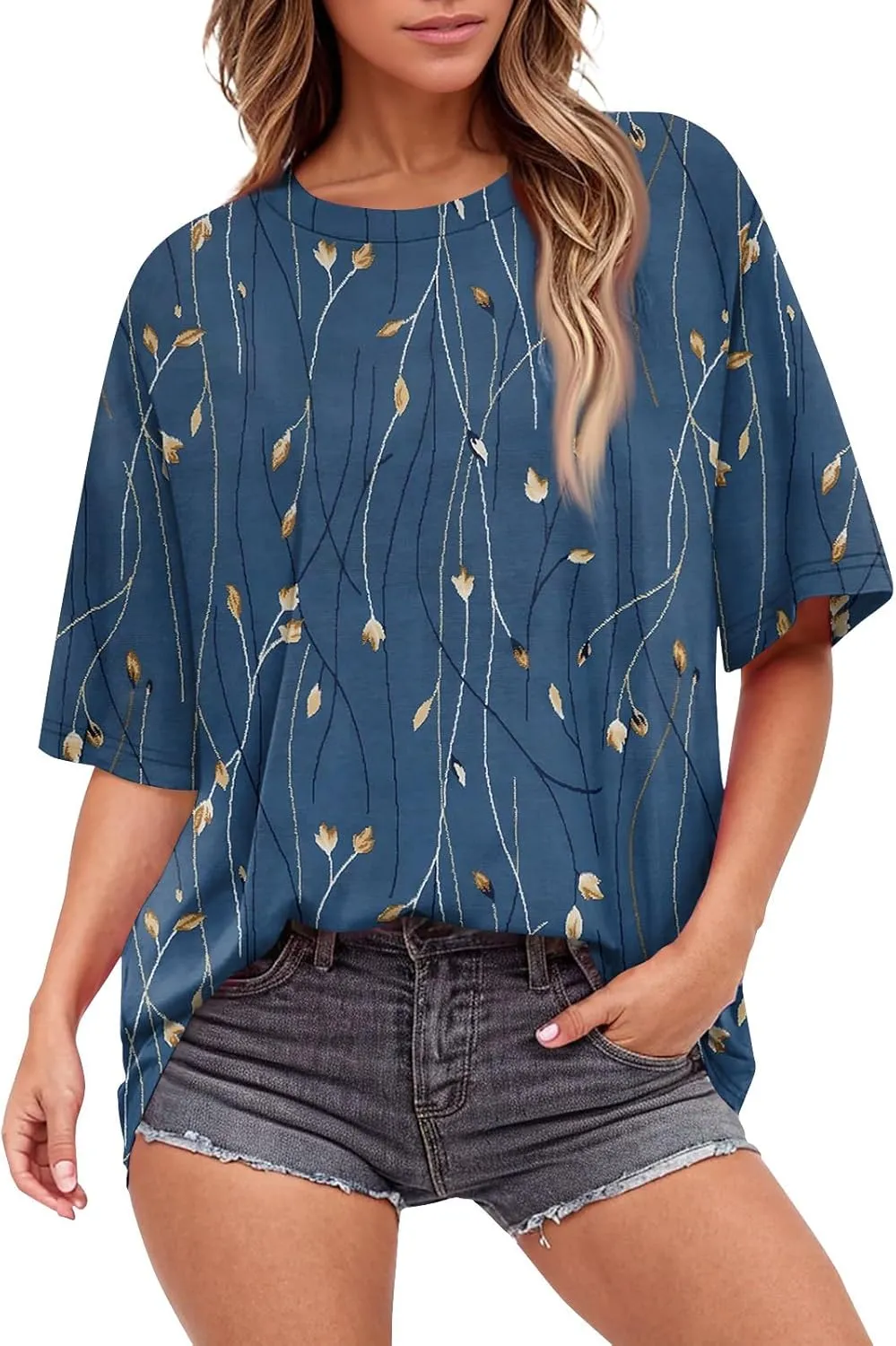 Womens Tops Dressy Casual Short Sleeve Crewneck Tees Oversized Flower Printed T Shirts Beach Vacation Outfits 2025
