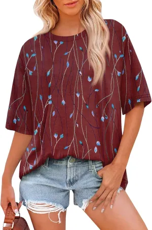 Womens Tops Dressy Casual Short Sleeve Crewneck Tees Oversized Flower Printed T Shirts Beach Vacation Outfits 2025