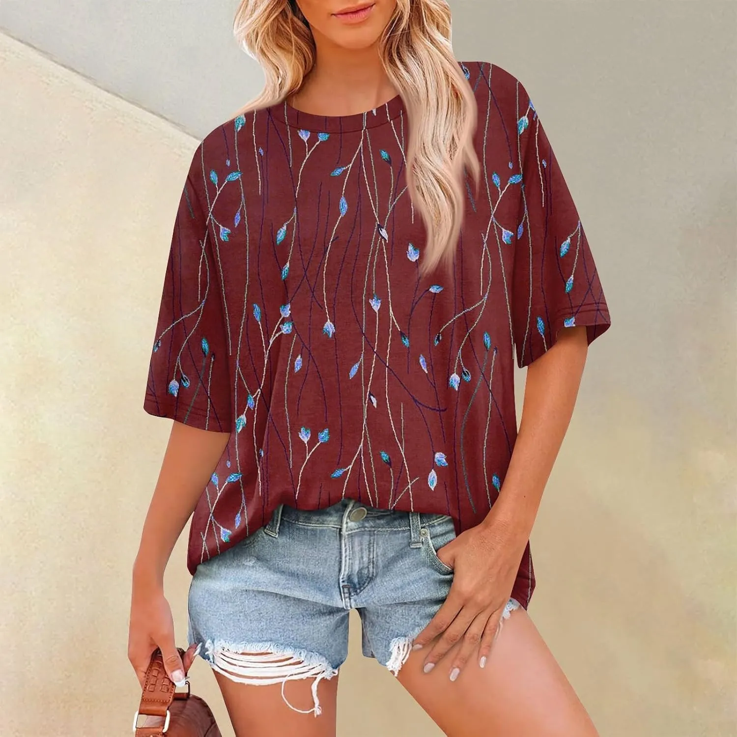 Womens Tops Dressy Casual Short Sleeve Crewneck Tees Oversized Flower Printed T Shirts Beach Vacation Outfits 2025