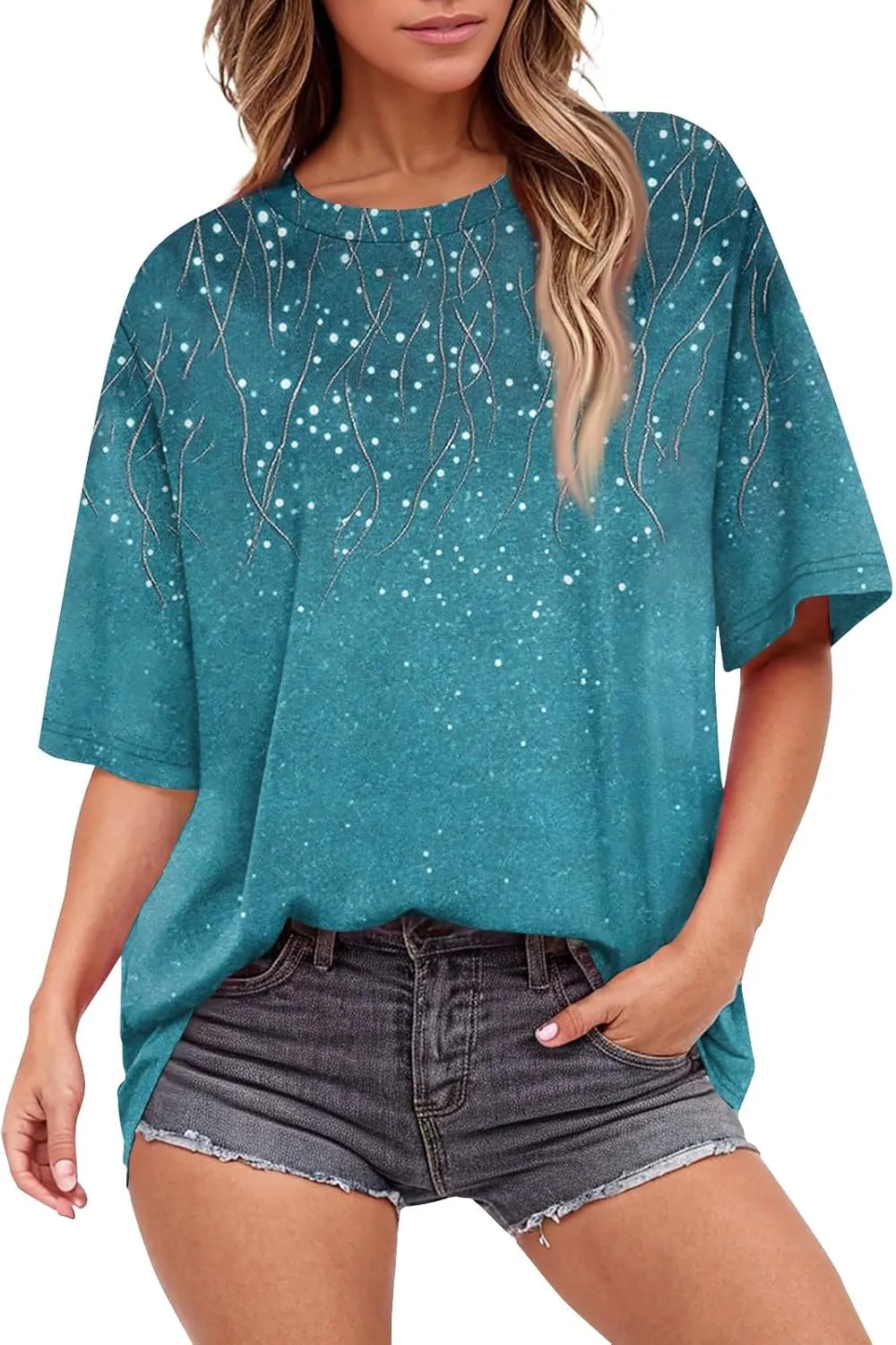 Womens Tops Dressy Casual Short Sleeve Crewneck Tees Oversized Flower Printed T Shirts Beach Vacation Outfits 2025