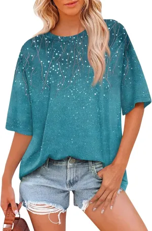 Womens Tops Dressy Casual Short Sleeve Crewneck Tees Oversized Flower Printed T Shirts Beach Vacation Outfits 2025
