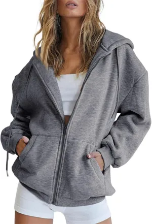 Women's Zip Up Hoodies Jacket Oversized Drawstring Hooded Sweatshirts with Pockets Long Sleeve Loose Fit Fall Coats