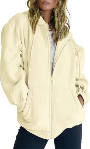 Women's Zip Up Hoodies Jacket Oversized Drawstring Hooded Sweatshirts with Pockets Long Sleeve Loose Fit Fall Coats