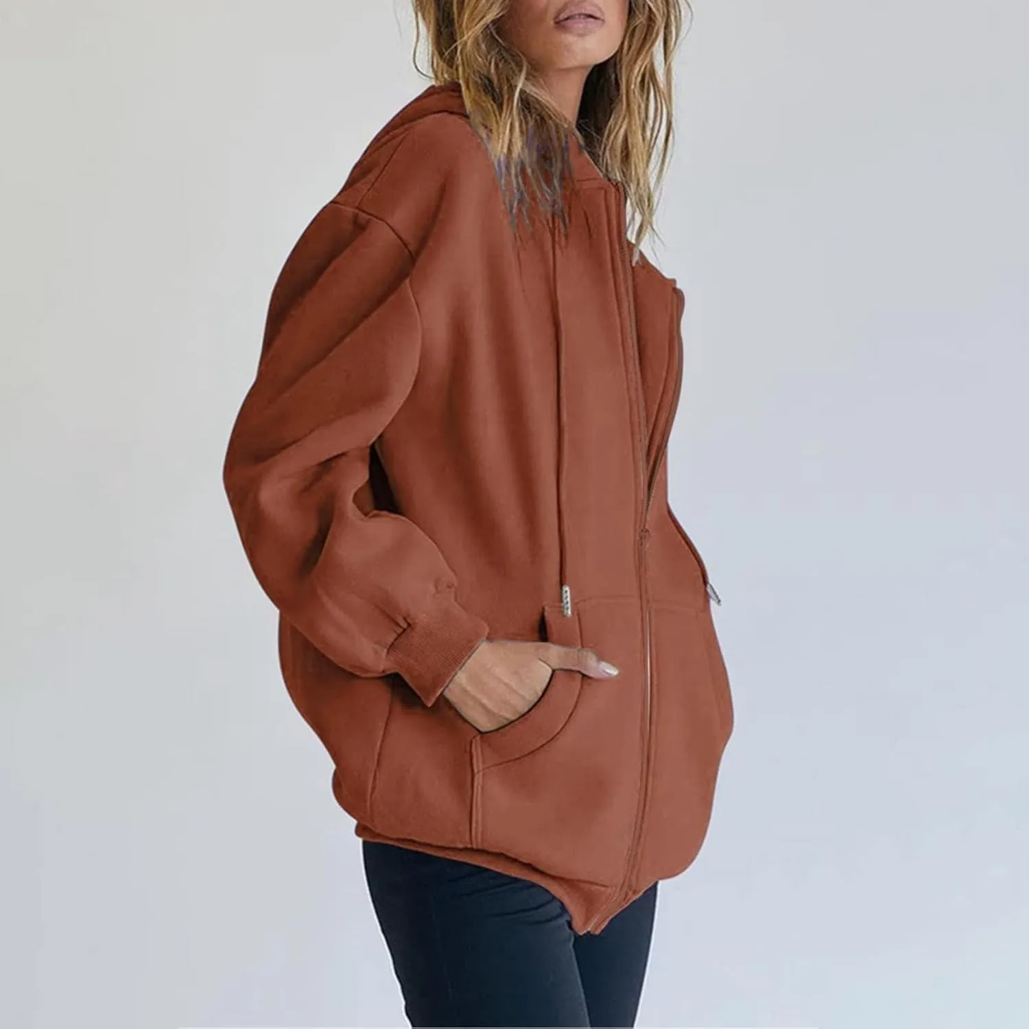 Women's Zip Up Hoodies Jacket Oversized Drawstring Hooded Sweatshirts with Pockets Long Sleeve Loose Fit Fall Coats