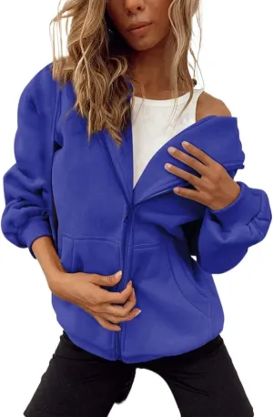 Women's Zip Up Hoodies Jacket Oversized Drawstring Hooded Sweatshirts with Pockets Long Sleeve Loose Fit Fall Coats